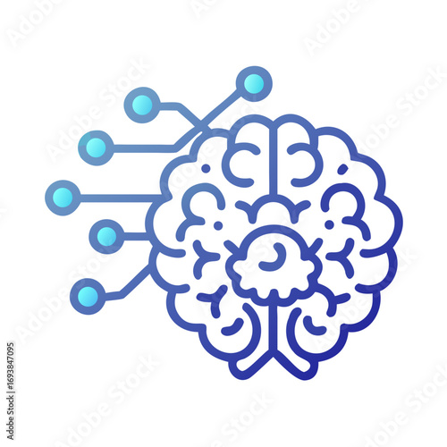 Gradient outline illustration of a brain connected to neural network nodes on black background