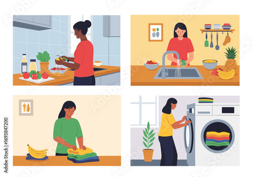 Illustrations of women performing household chores and daily activities related to home management and cooking