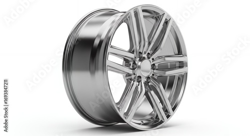 Chrome alloy car wheel rim isolated on white, perfect for automotive design and branding