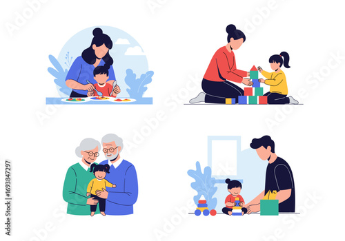 Children engaging in creative play and learning activities with family members