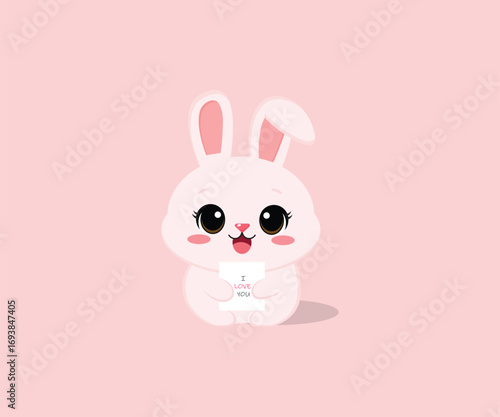 Cute kawaii bunny holding a little love letter. Adorable pink rabbit cartoon character for greeting card design isolated on a pink background
