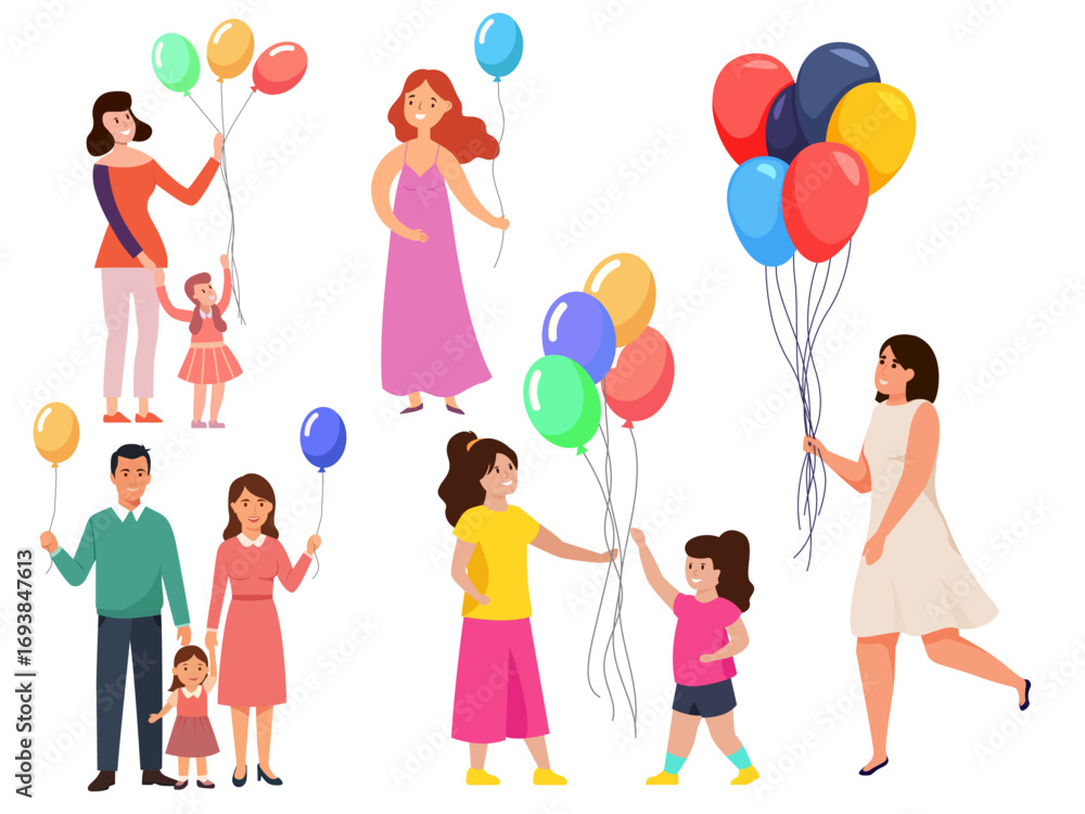 Fototapeta premium happy families kids holding balloons parents mothers fathers children walking with festive holiday illustration background