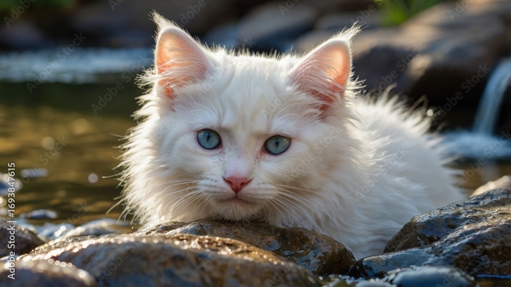 Fototapeta premium White fluffy cat with blue eyes resting on rocks by a serene stream surrounded by greenery