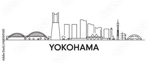 Yokohama Line Art skyline horizontal banner. Buenos Yokohama, Japan. Vector template for your design. with white background
