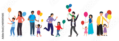 happy families kids holding balloons parents mothers fathers children walking with festive holiday illustration background