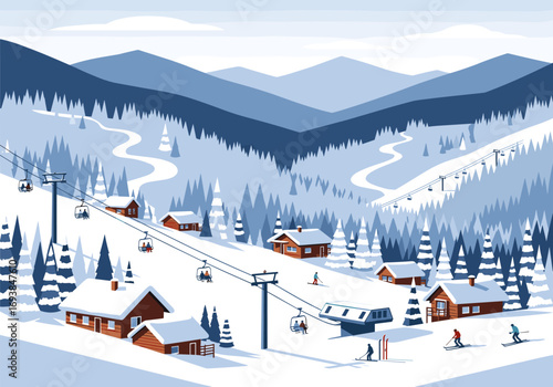 Scenic mountain village scene with ski slopes and snowy trees and buildings during winter vacation
