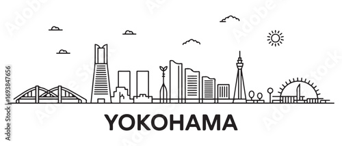 Yokohama Line Art skyline horizontal banner. Buenos Yokohama, Japan. Vector template for your design. with white background