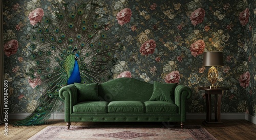 Elegant peacock and vintage green sofa in luxurious floral interior setting