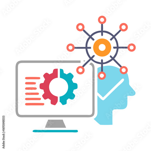 Artificial intelligence concept with a computer monitor, connected network, and human head silhouette