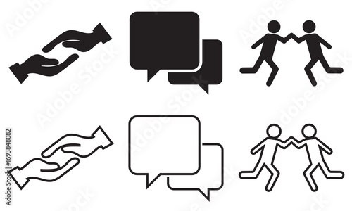 Help and support icon.Simple icons including helping hands, speech bubbles, and people holding hands symbolizing teamwork, dialogue, and mutual support. communication, teamwork and support icon.
