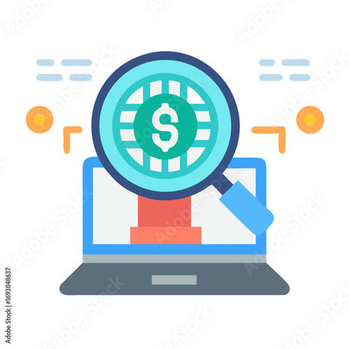 Analyzing Online Revenue Streams: A Laptop with Magnifying Glass and Dollar Sign Illustration