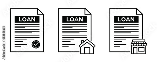 Financial Loan Documents Outline Icons for Home and Business Vector 