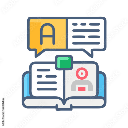 Learning a new language concept with open book and message bubble illustration