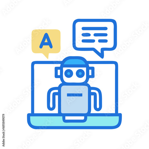 Chatbot illustration engaging in language learning with a computer screen interface and messaging