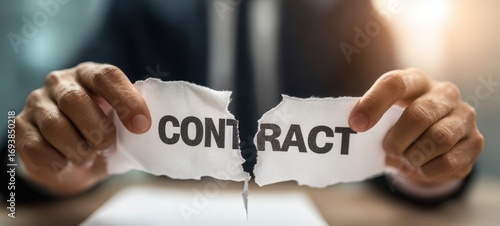 The contract being torn by businessman signaling deal termination and legal breach