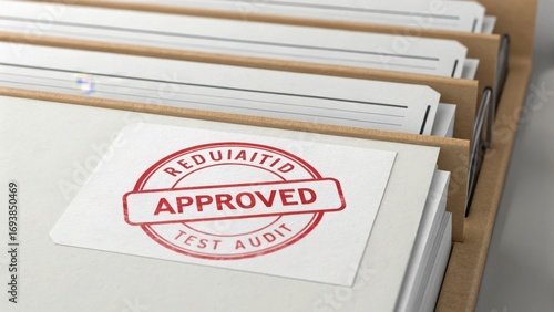 financial compliance legislation organization concept. Approved audit stamp on organized file folders.