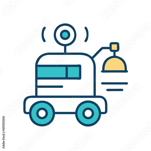 Illustration of futuristic autonomous robot with sensor and manipulator arm against black background