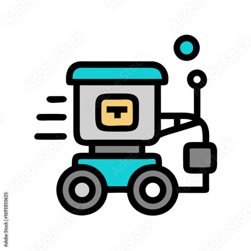 Minimalist vector graphic of a futuristic delivery robot on a solid black backdrop