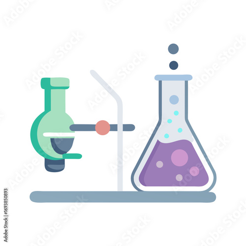 Illustration of scientific laboratory glassware with liquid for experiments and scientific discovery