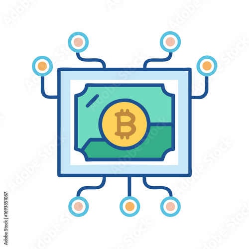 Stylized digital illustration showing bitcoin cryptocurrency on connected money bill, on black background.
