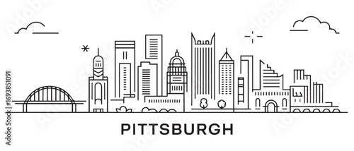 Pittsburgh Line Art skyline. Travel Pittsburgh famous landmarks. Business and tourism concept for presentation, banner, web site. with white background