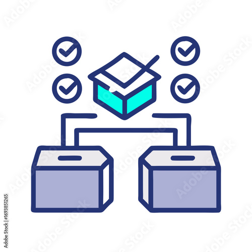 Process validation diagram: Data distribution and confirmation with checklist icons above each data repository