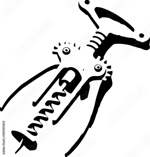 Illustration of a wing corkscrew with a spiral worm gear and levers for opening wine bottles easily