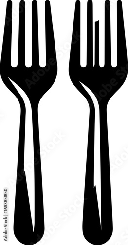 Two forks are displayed in black and white with one fork appearing to be slightly damaged on the right