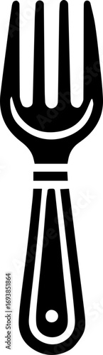 Illustration of a black trident like object with three prongs and a trapezoidal base design element