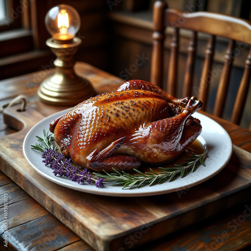 Traditional goose dish with rosemary garnish. Thanksgiving.