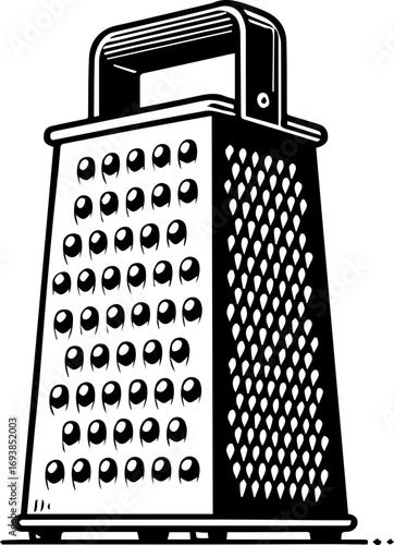 Illustration of a kitchen grater with multiple grating surfaces and a handle on the top side view