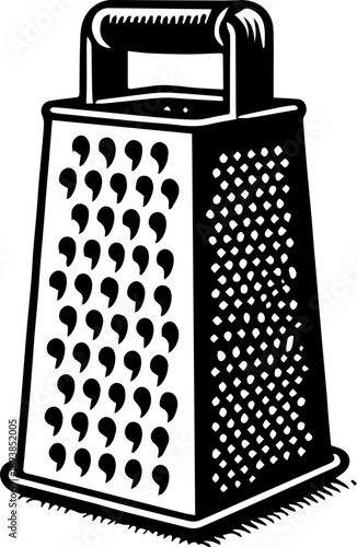 A black and white illustration of a box grater with handle and different sized grating surfaces shown well