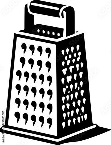 Illustration of a black and white box grater with handle and various sized grating surfaces visible