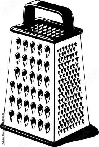 Illustration of a box grater with a handle and multiple grating surfaces in black and white style