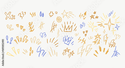 Comic style emotional accents. Crayon drawn stars, crowns, lightning bolts, cartoon symbols, motion expression. Pencil chalk sketchy line doodle. Childish scribble drawing.