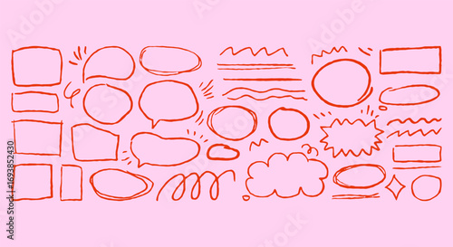Comic speech bubbles, crayon drawn doodle red frames. Punk girly chalk shapes for notes.