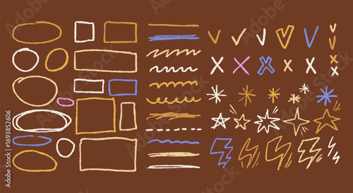 Crayon doodle line symbol set checkmarks, crosses, sketch lines, stars, lightning bolts, speech bubbles. Pastel pencil kid drawing for notes.
