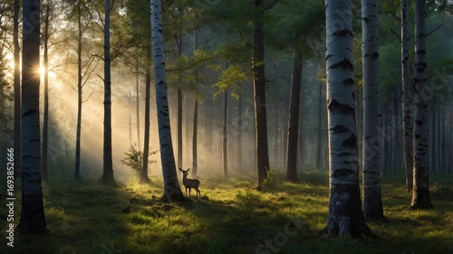 Serene deer standing in a sunlit forest surrounded by tall trees and soft morning mist