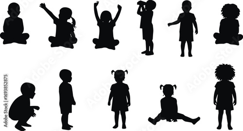 Children silhouette, kids pose, sitting, standing, squatting, playful gesture, ponytail, curly hair, black vector, child activity, behavior, motion