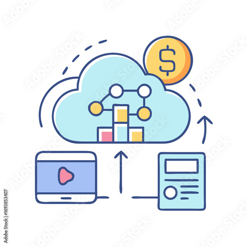 Cloud computing and data exchange with monetary exchange connecting devices in a network, modern design.