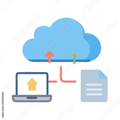 Cloud computing data transfer featuring laptop and file in modern flat design