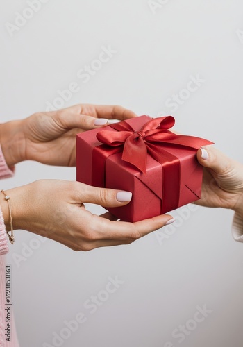 Red gift box exchange between two female hands with pink nails