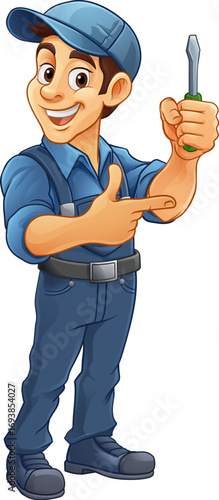 An electrician or mechanic handyman cartoon mascot man holding a screwdriver and pointing