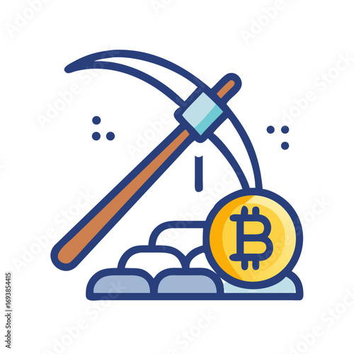 Bitcoin mining concept with pickaxe and crypto currency in a stylized depiction