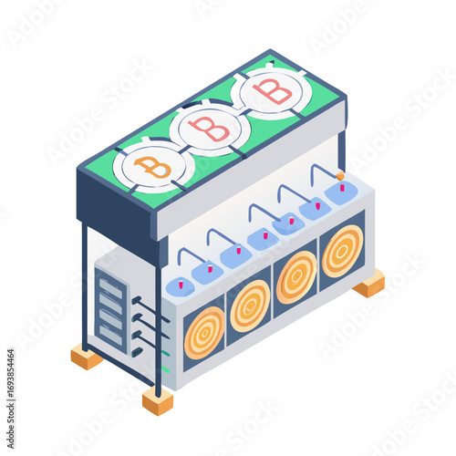 Isometric Bitcoin Mining Farm Illustration with Cooling System on a Black Background