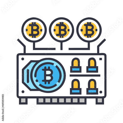 Bitcoin Mining Rig Illustration with Gold Coins and Blue Accents on Black Background