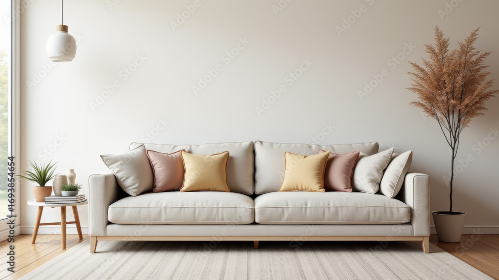 Naklejka premium SOFA spelled using throw pillows on neutral beige interior couch