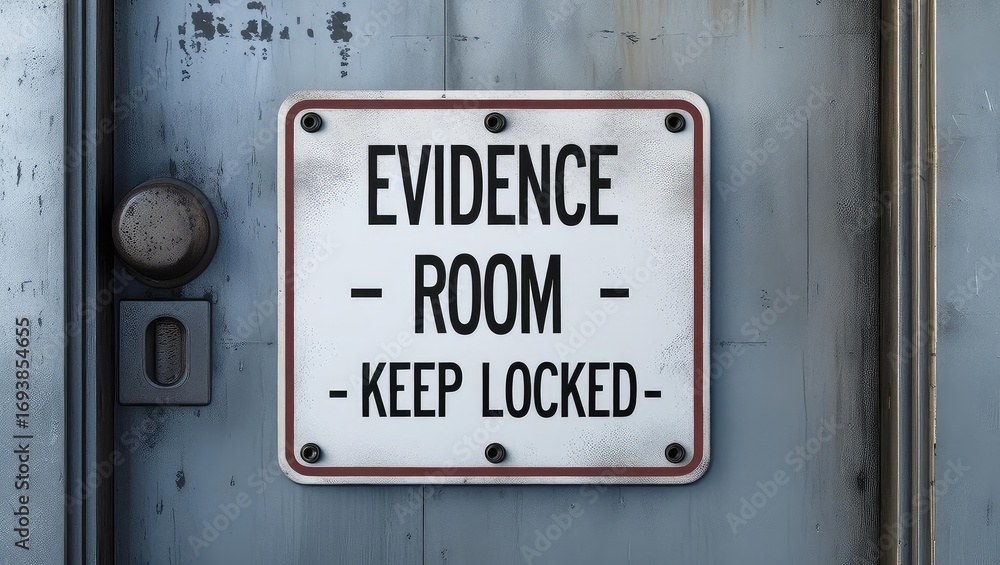Fototapeta premium A weathered sign on a locked door indicating an evidence room, emphasizing security and secrecy.