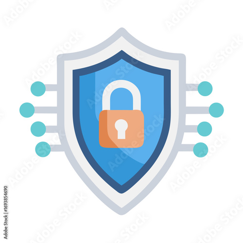 Digital security shield with padlock depicting cybersecurity and data protection concept, isolated on black