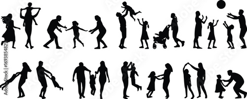 Family silhouettes, parents with children, playful moments, bonding time, outdoor activities, parenting love, happy childhood, nurturing care, stroller walk, joyful interaction